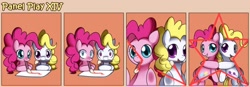 Size: 1400x489 | Tagged: safe, artist:solar-slash, pinkie pie, surprise, earth pony, pegasus, pony, g1, comic, duo, duo female, female, fourth wall, g1 to g4, generation leap, mare, mouth hold, panel play, prone