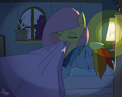 Size: 1280x1024 | Tagged: safe, artist:swomswom, fluttershy, rainbow dash, pegasus, pony, bed, eyes closed, female, flutterdash, lamp, lesbian, mare, mouth hold, night, shipping, sleeping, tucking in