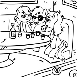 Size: 945x945 | Tagged: safe, artist:megasweet, applejack, rainbow dash, earth pony, pegasus, pony, appledash, bar, female, grin, lesbian, mare, monochrome, nightclub, shipping, smiling, sofa, sunglasses, swag, table