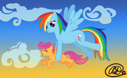 Size: 1116x684 | Tagged: safe, artist:angelofllamas, rainbow dash, scootaloo, pegasus, pony, duo, duo female, female, filly, flying, flying lesson, happy, mare, scootaloo can't fly, scootalove