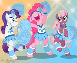Size: 807x664 | Tagged: safe, artist:brianblackberry, cheerilee, pinkie pie, rarity, earth pony, pony, unicorn, 80s, 80s cheerilee, bipedal, bottomless, braces, cheeribetes, cheerileeder, cheerleader, cheerleader pinkie, clothes, cute, diapinkes, female, hilarious in hindsight, leg warmers, mare, partial nudity, pom pom, raribetes, skirt, teenager, young