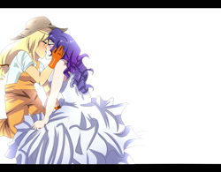 Size: 900x702 | Tagged: safe, artist:ao-no-comatose, applejack, rarity, human, clothes, crying, dress, female, humanized, kissing, lesbian, rarijack, shipping, simple background, white background