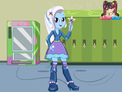 Size: 794x599 | Tagged: safe, artist:user15432, derpibooru import, trixie, human, equestria girls, boots, canterlot high, clothes, dressup, dressup game, hallway, hasbro, hasbro studios, lockers, magic wand, shoes, starsue, wondercolts