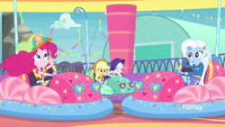 Size: 1280x720 | Tagged: safe, derpibooru import, screencap, applejack, pinkie pie, rarity, trixie, better together, equestria girls, rollercoaster of friendship