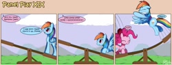 Size: 1400x530 | Tagged: safe, artist:solar-slash, pinkie pie, rainbow dash, earth pony, pegasus, pony, comic, duo, duo female, female, mare, panel play, seesaw