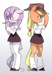 Size: 700x990 | Tagged: safe, artist:nitronic, applejack, oc, oc:floating s petal, earth pony, pony, semi-anthro, back to back, bipedal, clothes, floppy ears, pixiv, school uniform, simple background, stockings, thigh highs, white background