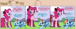 Size: 1400x530 | Tagged: safe, artist:solar-slash, pinkie pie, rainbow dash, earth pony, pegasus, pony, comic, duo, duo female, female, fourth wall, mare, panel play, prone