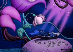 Size: 1000x712 | Tagged: safe, artist:rockingscorpion, princess luna, alicorn, pony, do princesses dream of magic sheep, female, flower, giant flower, luna's dream, mare, night, sleeping, solo