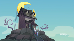 Size: 1366x768 | Tagged: safe, derpibooru import, bon bon, lyra heartstrings, sweetie drops, trixie, better together, equestria girls, rollercoaster of friendship, background human, crescent moon, equestria land, haunted house, house, moon, running, scared