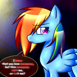 Size: 1024x1024 | Tagged: safe, artist:firepainter65, rainbow dash, pegasus, pony, abstract background, crying, female, mare, sad, solo, speech bubble