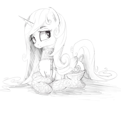 Size: 1920x1920 | Tagged: safe, artist:qweeli, princess cadance, alicorn, pony, clothes, female, grayscale, lingerie, lying, mare, monochrome, socks, solo, stockings, thigh highs