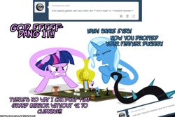 Size: 500x333 | Tagged: safe, artist:navitaserussirus, derpibooru import, trixie, twilight sparkle, pony, asktwixiegenies, black vine, board game, clothes, dice, female, lesbian, maid, mirror, shipping, tumblr, twixie