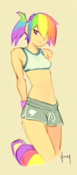 Size: 289x650 | Tagged: safe, artist:doxy, rainbow dash, human, breasts, delicious flat chest, female, humanized, leg warmers, light skin, ponytail, simple background, skinny, solo, sweatband