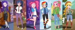 Size: 1540x620 | Tagged: artist needed, source needed, useless source url, safe, applejack, fluttershy, pinkie pie, rainbow dash, rarity, twilight sparkle, human, alternate hairstyle, boots, clothes, converse, dressup, dressup game, explicit source, humanized, magical friends, rainbow socks, sneakers, socks, striped socks, thigh highs