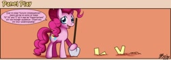 Size: 1400x490 | Tagged: safe, artist:solar-slash, pinkie pie, earth pony, pony, comic, female, fourth wall, mare, panel play, shovel, smiling, solo