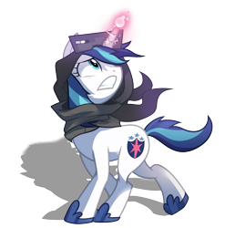 Size: 2497x2525 | Tagged: safe, artist:wicklesmack, gleaming shield, shining armor, pony, unicorn, the crystal empire, clothes, female, magic, mare, rule 63, scarf, scene interpretation, simple background, snow goggles, transparent background