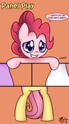 Size: 500x899 | Tagged: safe, artist:solar-slash, fluttershy, pinkie pie, earth pony, pegasus, pony, comic, female, grin, mare, panel play, smiling