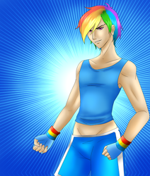 Size: 500x591 | Tagged: safe, artist:animecreator, rainbow blitz, rainbow dash, human, abstract background, ask a bishonen pony, clothes, fingerless gloves, gloves, humanized, male, rule 63, solo, wristband