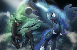 Size: 6987x4557 | Tagged: safe, artist:drawponies, princess luna, queen chrysalis, alicorn, changeling, changeling queen, pony, absurd resolution, cloud, cloudy, eye contact, female, flying, glare, mare, open mouth, planet, sharp teeth, spread wings, wallpaper