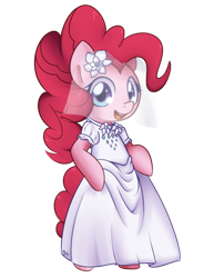 Size: 964x1191 | Tagged: safe, artist:solar-slash, pinkie pie, earth pony, pony, semi-anthro, clothes, dress, female, looking at you, mare, open mouth, open smile, simple background, smiling, smiling at you, solo, transparent background, veil, wedding dress, wedding veil