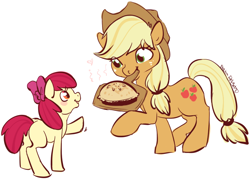 Size: 842x604 | Tagged: safe, artist:clovercoin, apple bloom, applejack, earth pony, pony, duo, duo female, female, filly, mare, mouth hold, pie, raised hoof, simple background, white background