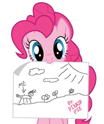 Size: 579x689 | Tagged: safe, pinkie pie, earth pony, pony, cute, drawing, exploitable meme, female, looking at you, mare, meme, mouth hold, paper, pinkie's note meme, simple background, solo, white background