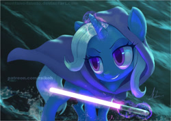 Size: 1024x726 | Tagged: safe, artist:raikoh, derpibooru import, trixie, pony, unicorn, clothes, female, glowing horn, hoodie, levitation, lightsaber, magic, mare, signature, smiling, solo, star wars, telekinesis, watermark, weapon