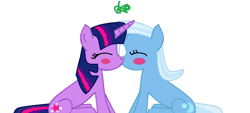 Size: 811x367 | Tagged: artist needed, safe, derpibooru import, trixie, twilight sparkle, pony, female, kissing, lesbian, mistletoe, shipping, twixie