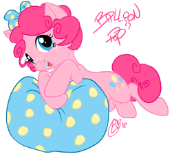 Size: 787x708 | Tagged: safe, artist:karacoon, bubble berry, pinkie pie, earth pony, pony, alternate hairstyle, balloon, female, freckles, mare, pillow, prone, rule 63, rule 63'd rule 63, short mane, simple background, solo, transparent background