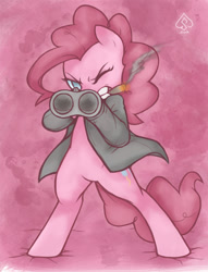 Size: 603x788 | Tagged: safe, artist:soulspade, pinkie pie, earth pony, pony, bipedal, cigar, female, gangsta, gritted teeth, gun, mare, one eye closed, shotgun, smoking, solo, weapon