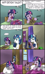 Size: 1881x3080 | Tagged: safe, artist:ciriliko, shining armor, smarty pants, twilight sparkle, pony, unicorn, ..., :d, :o, bed, book, colt, comic, creeper, cute, eyes closed, filly, floppy ears, happy, hoof hold, levitation, magic, male, moon, night, on side, open mouth, sleeping, smiling, speech bubble, sun, telekinesis, twiabetes, window, younger, zas