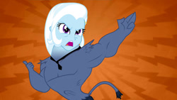 Size: 1280x720 | Tagged: safe, artist:dtkraus, derpibooru import, edit, edited screencap, screencap, iron will, trixie, equestria girls, putting your hoof down, d:, frown, glare, head swap, open mouth, pointing, solo, wat, what has magic done