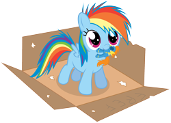 Size: 1800x1293 | Tagged: dead source, safe, artist:chubble-munch, rainbow dash, spitfire, pegasus, pony, box, cute, dashabetes, doll, female, filly, filly rainbow dash, foal, mouth hold, plushie, pony in a box, simple background, solo, transparent background, weapons-grade cute, younger