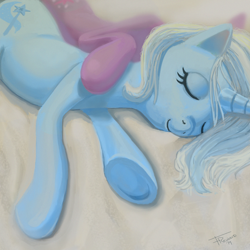 Size: 1500x1500 | Tagged: safe, artist:darkkodkod, derpibooru import, trixie, twilight sparkle, pony, unicorn, female, lesbian, mare, shipping, sleeping, solo, twixie, underhoof