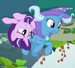 Size: 581x525 | Tagged: safe, derpibooru import, edit, edited screencap, screencap, starlight glimmer, trixie, pony, to change a changeling, cropped, duo, inverted, upside down