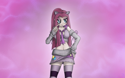 Size: 1262x789 | Tagged: safe, artist:malifikyse, pinkie pie, human, clothes, humanized, miniskirt, pinkamena diane pie, skirt, socks, solo, striped socks, thigh highs