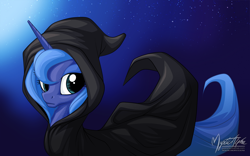 Size: 2560x1600 | Tagged: safe, artist:mysticalpha, princess luna, alicorn, pony, cloak, clothes, hoodie, looking at you, s1 luna, solo