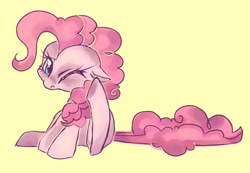 Size: 721x500 | Tagged: safe, artist:coffeechicken, pinkie pie, earth pony, pony, behaving like a dog, ear scratch, female, floppy ears, mare, one eye closed, scratching, simple background, sitting, solo