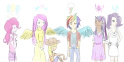 Size: 900x452 | Tagged: safe, artist:ib-chan, derpibooru import, applejack, fluttershy, pinkie pie, rainbow dash, rarity, twilight sparkle, human, clothes, dress, flesh horn, horned humanization, humanized, long skirt, mane six, skirt, traditional art, winged humanization