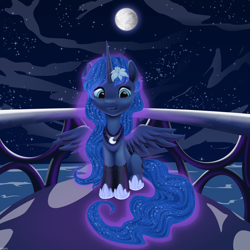 Size: 3840x3840 | Tagged: safe, artist:roadsleadme, princess luna, alicorn, pony, .svg available, balcony, clothes, flower, flower in hair, full moon, hoof shoes, moon, night, sitting, smiling, socks, solo, spread wings, stars, vector