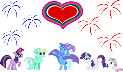 Size: 15470x9023 | Tagged: safe, artist:lman225, derpibooru import, lyra heartstrings, rarity, sweetie belle, trixie, twilight sparkle, pony, unicorn, absurd resolution, female, harem, heart, holiday, lesbian, rarixie, shipping, simple background, transparent background, trixie gets all the mares, twixie, valentine's day