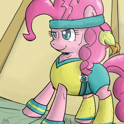 Size: 900x900 | Tagged: safe, artist:speccysy, pinkie pie, earth pony, pony, aerobics, clothes, colored pupils, determined, female, headband, mare, solo, sweat, wristband