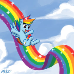 Size: 900x900 | Tagged: safe, artist:johnjoseco, rainbow dash, pegasus, pony, female, mare, rainbow, sky, sliding, solo