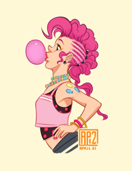 Size: 600x776 | Tagged: safe, artist:fusspot, pinkie pie, human, alternate hairstyle, bubblegum, ear piercing, female, humanized, midriff, mohawk, my punky pony, piercing, profile, punk, simple background, solo