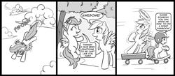 Size: 1500x656 | Tagged: safe, artist:madmax, rainbow dash, scootaloo, pegasus, pony, cardboard cutout, comic, female, filly, flying, goggles, helmet, monochrome, scootalone, solo