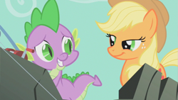 Size: 853x480 | Tagged: safe, screencap, applejack, spike, dragon, earth pony, pony, a dog and pony show, duo, female, fishing rod, grin, lidded eyes, looking at each other, male, mare, out of context, smiling, smirk