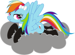 Size: 4788x3521 | Tagged: safe, artist:leopurofriki, rainbow dash, pegasus, pony, bow, clothes, cloud, female, hair bow, mare, prone, simple background, solo, stockings, transparent background