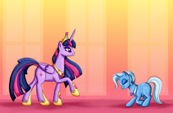 Size: 3000x1964 | Tagged: safe, artist:fimlie, derpibooru import, trixie, twilight sparkle, twilight sparkle (alicorn), alicorn, pony, unicorn, alternate hairstyle, big crown thingy, bowing, bowtie, duo, female, hoof shoes, jewelry, mare, older, orange background, peytral, regalia, simple background, ultimate twilight