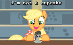 Size: 531x330 | Tagged: artist needed, safe, artist:keanno, edit, edited screencap, screencap, applejack, octavia melody, earth pony, pony, a bird in the hoof, animated, artifact, cannibalism, crying, cupcake, eat, eat octavia, emotional warfare, female, filly, foal, food, happy, mare, sad