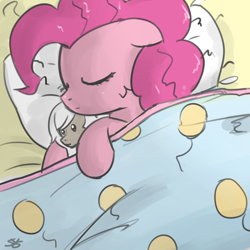 Size: 900x900 | Tagged: safe, artist:speccysy, discord, eris, pinkie pie, earth pony, pony, bed, cute, diapinkes, doll, female, floppy ears, mare, morning ponies, pillow, rule 63, sleeping, solo